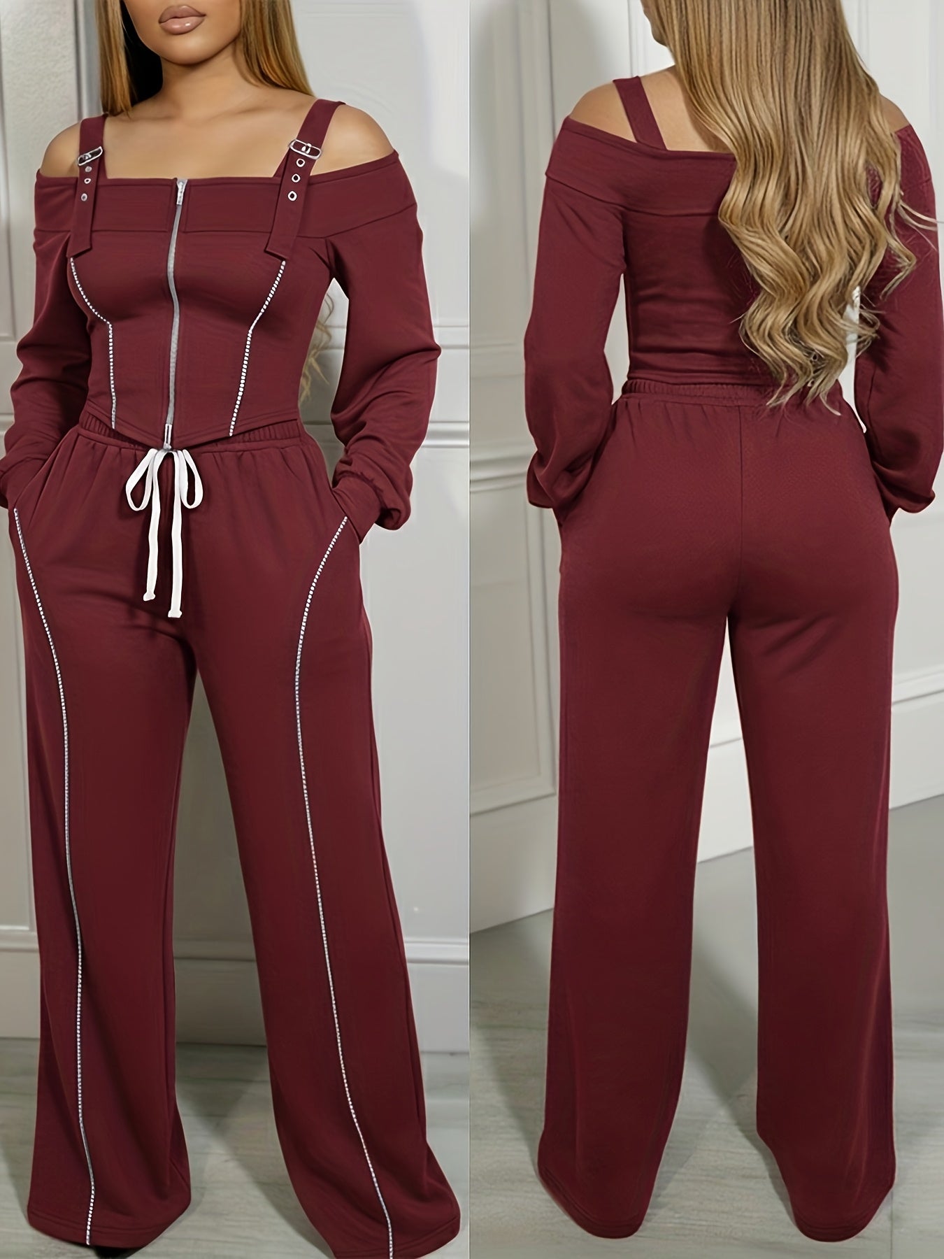 2pcs Outfit Trendy Long Sleeve Cold Shoulder Top And Drawstring Waist Pants with Pockets