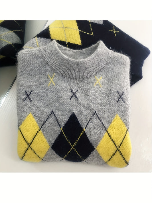 Boys' Casual Fashion Academic Style Acrylic Blend Knit Sweater, New Autumn/Winter Children's Knitwear for Boys Aged 3-14, Warm Round Neck Pullover Long Sleeve Rhombus Jacquard, Suitable for School, Family Gatherings, and Dail