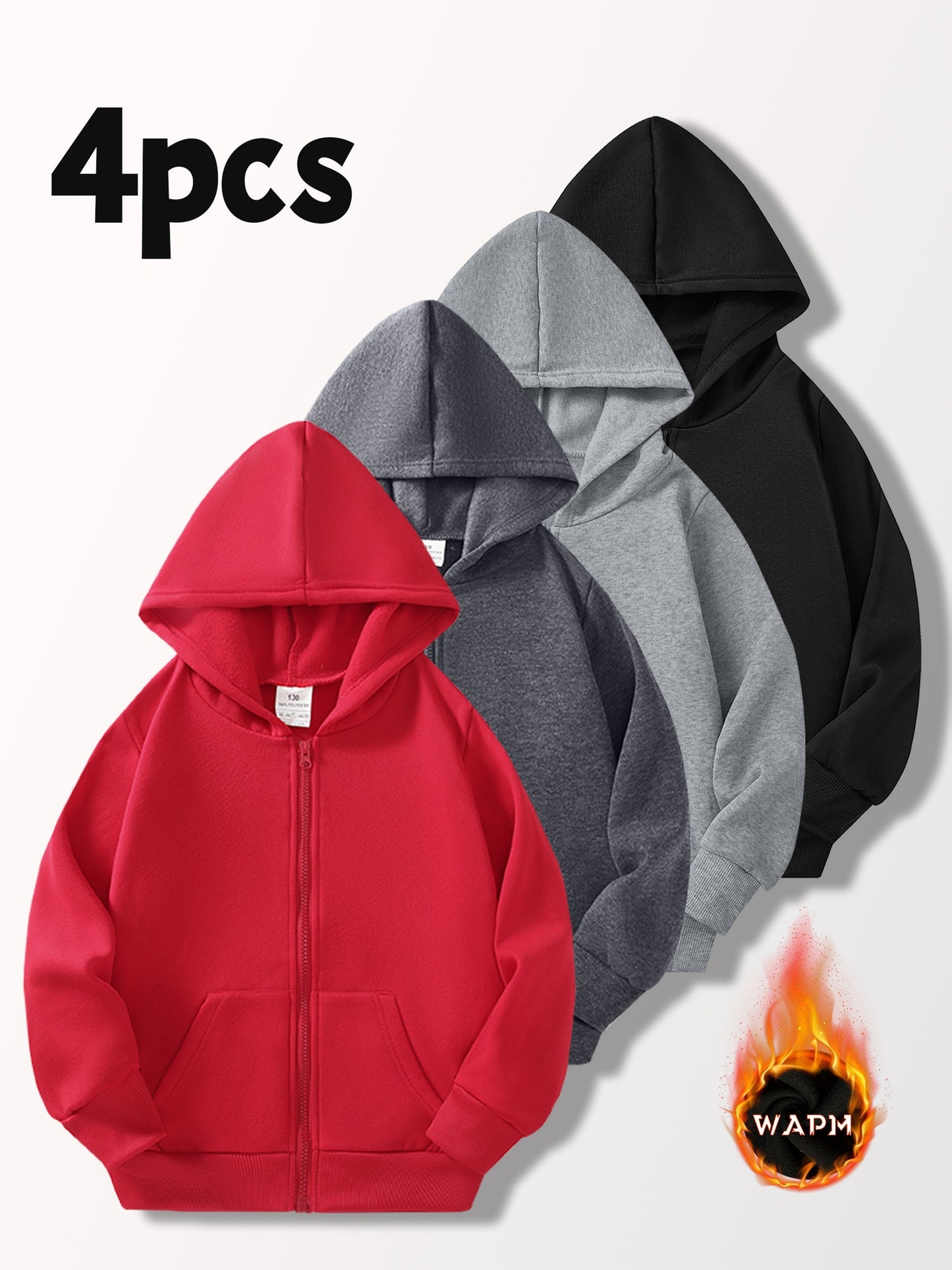 [4pcs Boys' Cardigan Jackets] 4pcs Boys' Light-Lined Zip-Up Hooded Cardigan Jackets | Multi-Color & Solid Color | Autumn & Spring, Stylish & Versatile for Outdoor Jogging