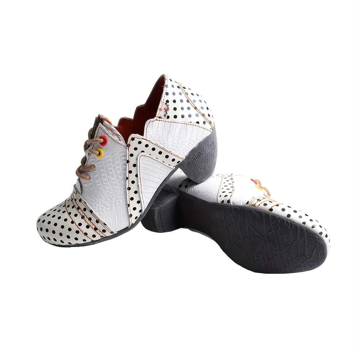 TMA EYES Women's Polka Dot Ankle Boots - Low Heel Lace-Up Anti-Slip Handmade Boots with Colorful Button Accents & Crocodile Texture, Second Layer Cover & TPR Sole, All-Season Versatile Casual to Dressy Footwear, Stylish Stree