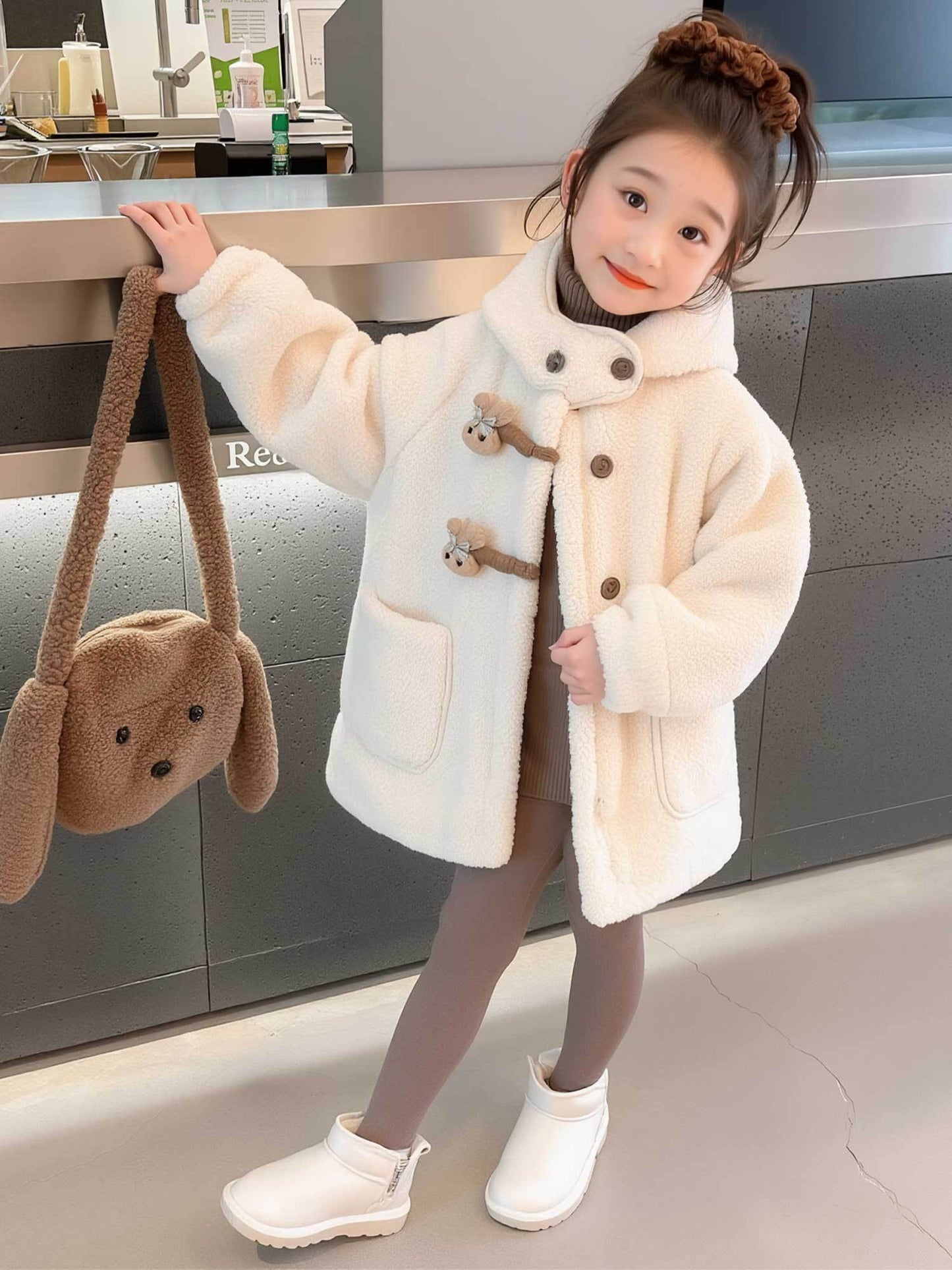 Girls' Luxury Plush Hooded Winter Coat - Thickened Warm Fleece-Like Insulation, Soft Loose-Fit Long Sleeve Jacket with Front Button Closure & Hood, Cozy Casual Outerwear for & Young Girls ( to Early Childhood) - Versatile for