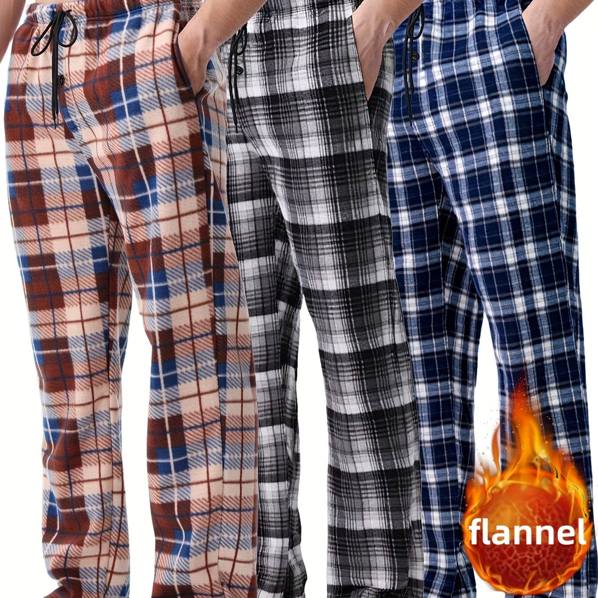 3pcs Men'S Brushed Fleece Flannel Pants with Checkered Print, Elastic Waistband & Side Pockets - Relaxed Fit Winter Sleepwear & Loungewear, Red/Black/White Plaid Design, Soft Warm Pajamas for Home, Casual Outfits, Versatile f