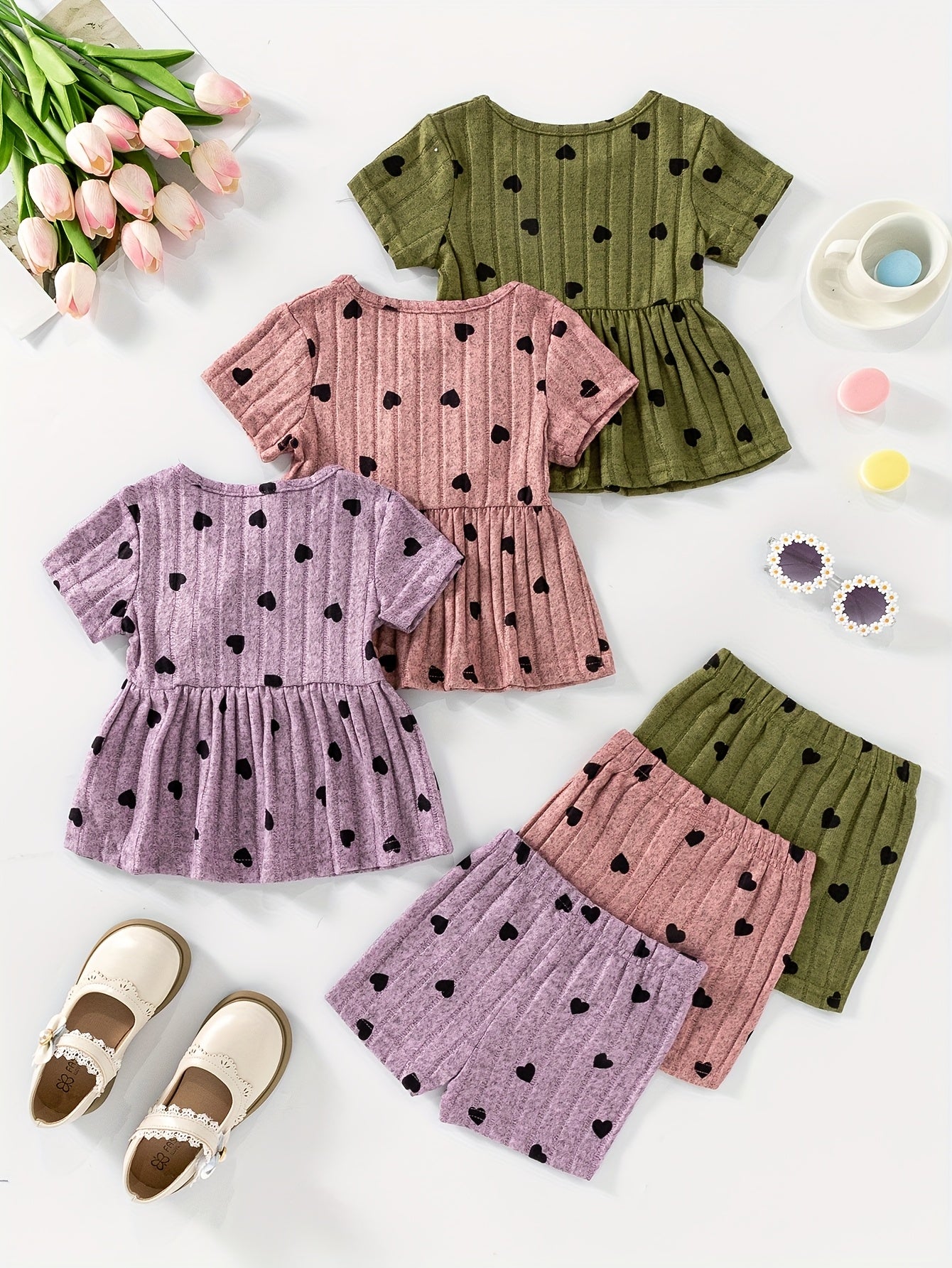 [Girls' 6pcs Set] Summer New Girls' Vibrant Basic Casual Top/Shorts 6pcs Set - Perfect for Outdoor