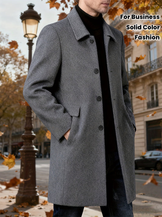 A Stylish And Sophisticated Solid Color Trench Coat for Men, Featuring a Thick And Warm Mid-Length Design with a Lapel Collar And Elegant Single-Breasted Buttons, Suitable for Business Socializing, Travel, Outdoor Activities,