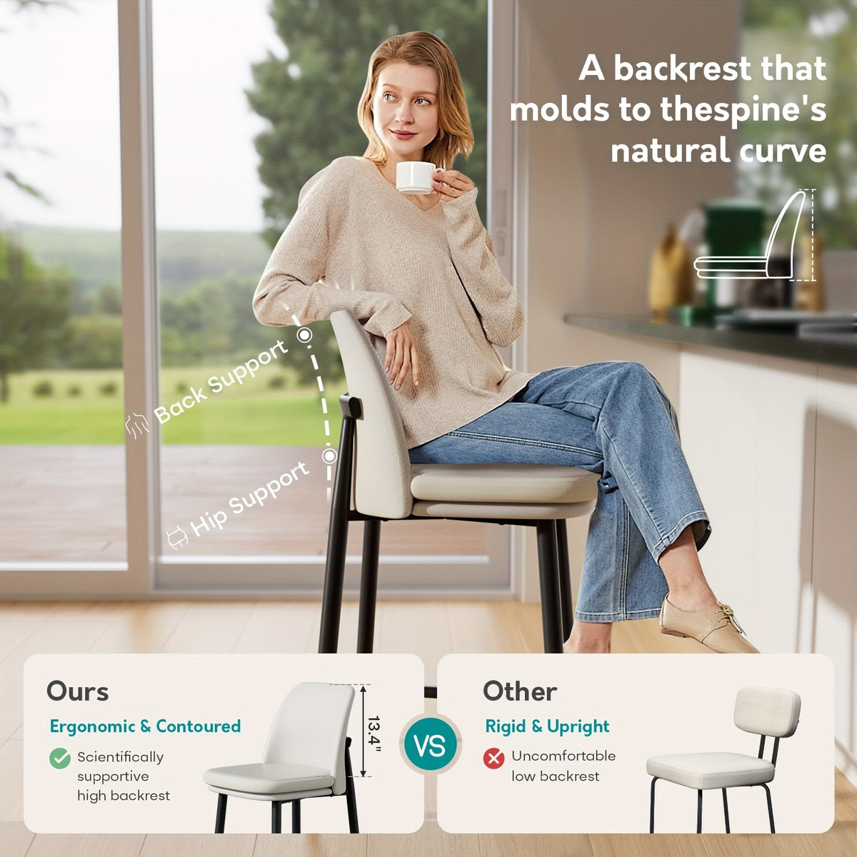 Set of 4 Modern Counter Height Bar Stools with Backrests - 26 Inch Faux Leather & Fabric Upholstered Seats, Sturdy Metal Legs & Cushioned Backs, Contemporary Square Design Kitchen Island & Dining Room Chairs, Easy-Clean Surfa