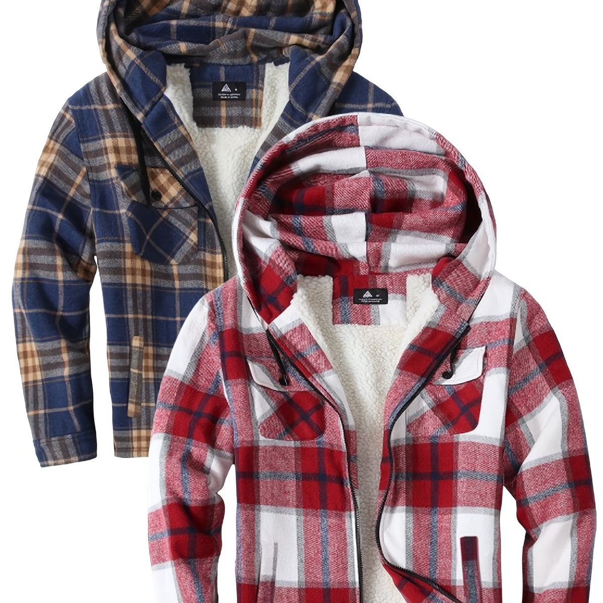 2pcs Men's Heavy Duty Sweater Hooded Jacket - Fully Zipped Thick Snow Mountain Lined Flannel Plaid Shirt with Pockets, Casual Style, Perfect for Fall And Winter, Hooded Collar, Regular Fit, Plaid Pattern, Men's Jacket, Cold W