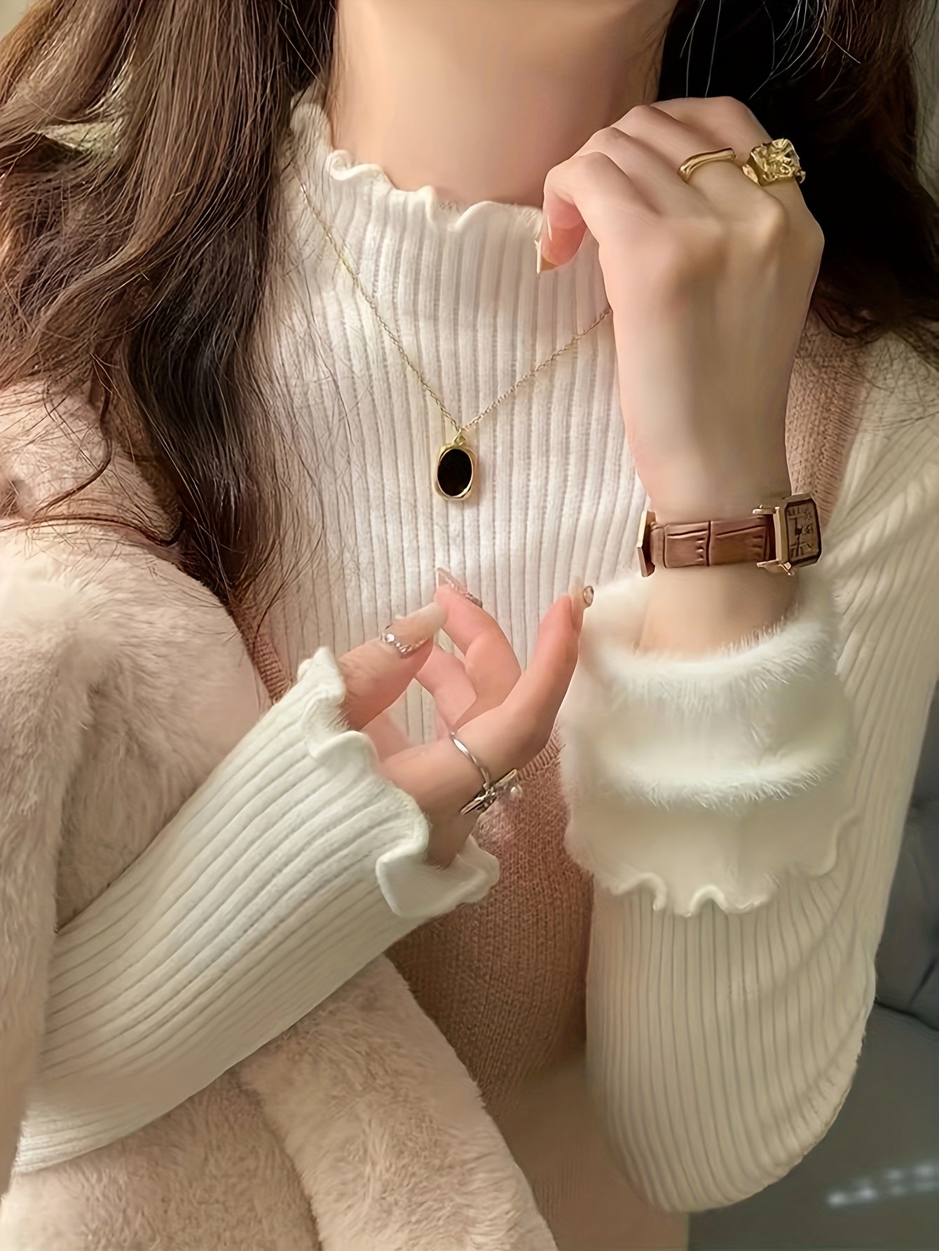 Solid Color Autumn Winter Early Spring Half High Neck Ruffle Fleece Lined Knit Sweater