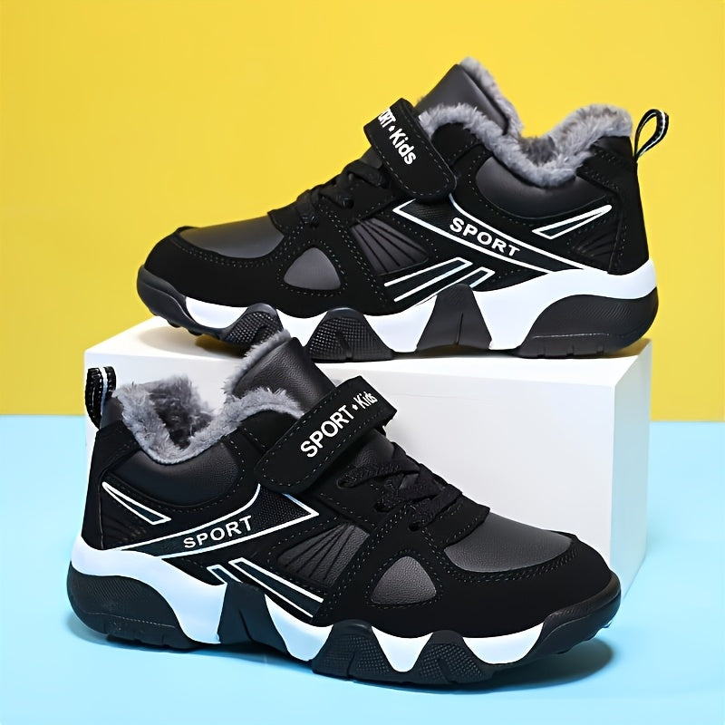 Youngsters' Winter Sports Shoes - Boys & Girls, Low-Top Lace-Up with Closure, Upper & Rubber Sole, Black with Blue Accents, Warm Fleece Lining for Outdoor Activities, Running, Hiking, Casual Wear, Winter Sports Gear | Stylish