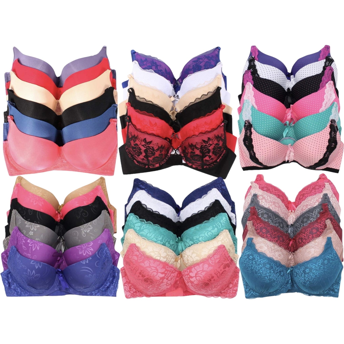 Women's 6-Item Pack of Random Assortment Print Bras with Underwire Sizes 30A to 40C