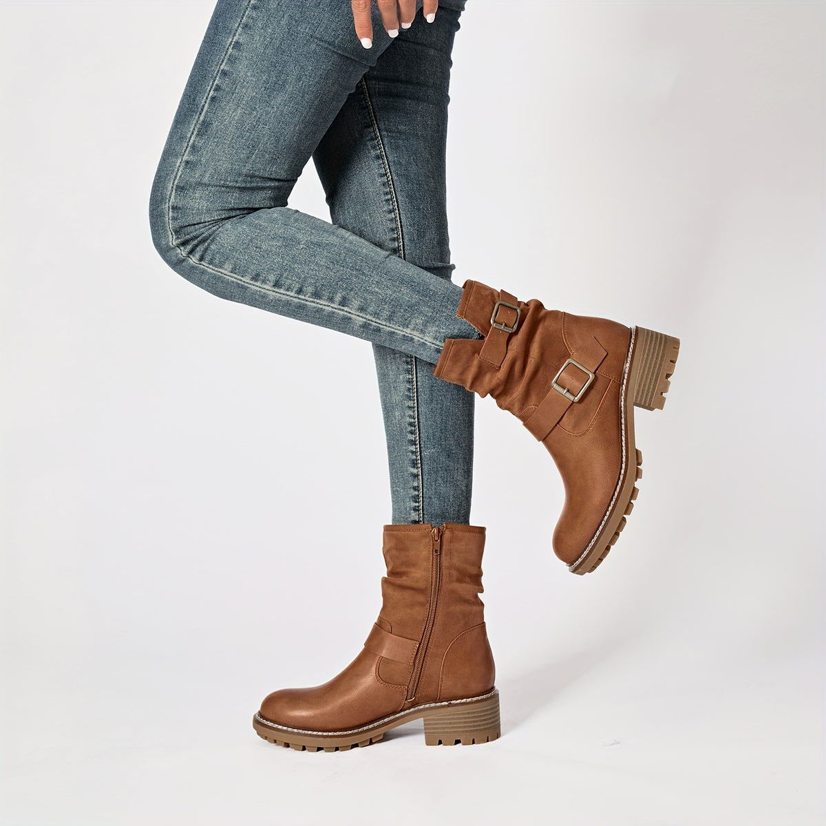 Women's Low Chunky Heel Riding Combat Boots - Round Toe Short Boots with  /Fiberliner & TPR Sole, Zipper Closure Casual All-Season Booties for Equestrian, Outdoor, Casual Attire (Solid Color)