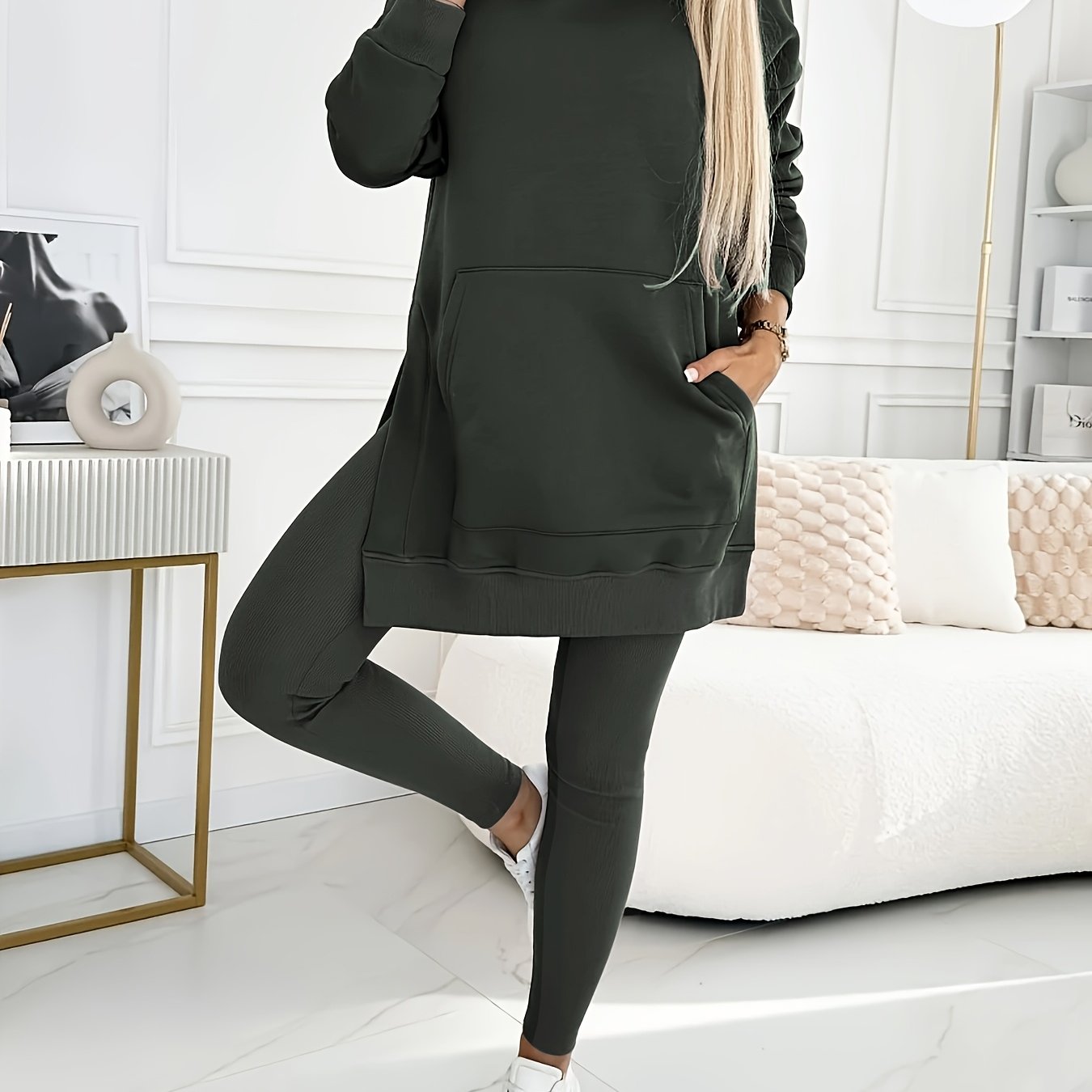 Directional Casual Suit, Women'S Solid Color Hooded Sweatshirt + Solid Color Leggings Two-Piece Set, Machine Washable And Dry Cleanable, Suitable for Daily Commuting