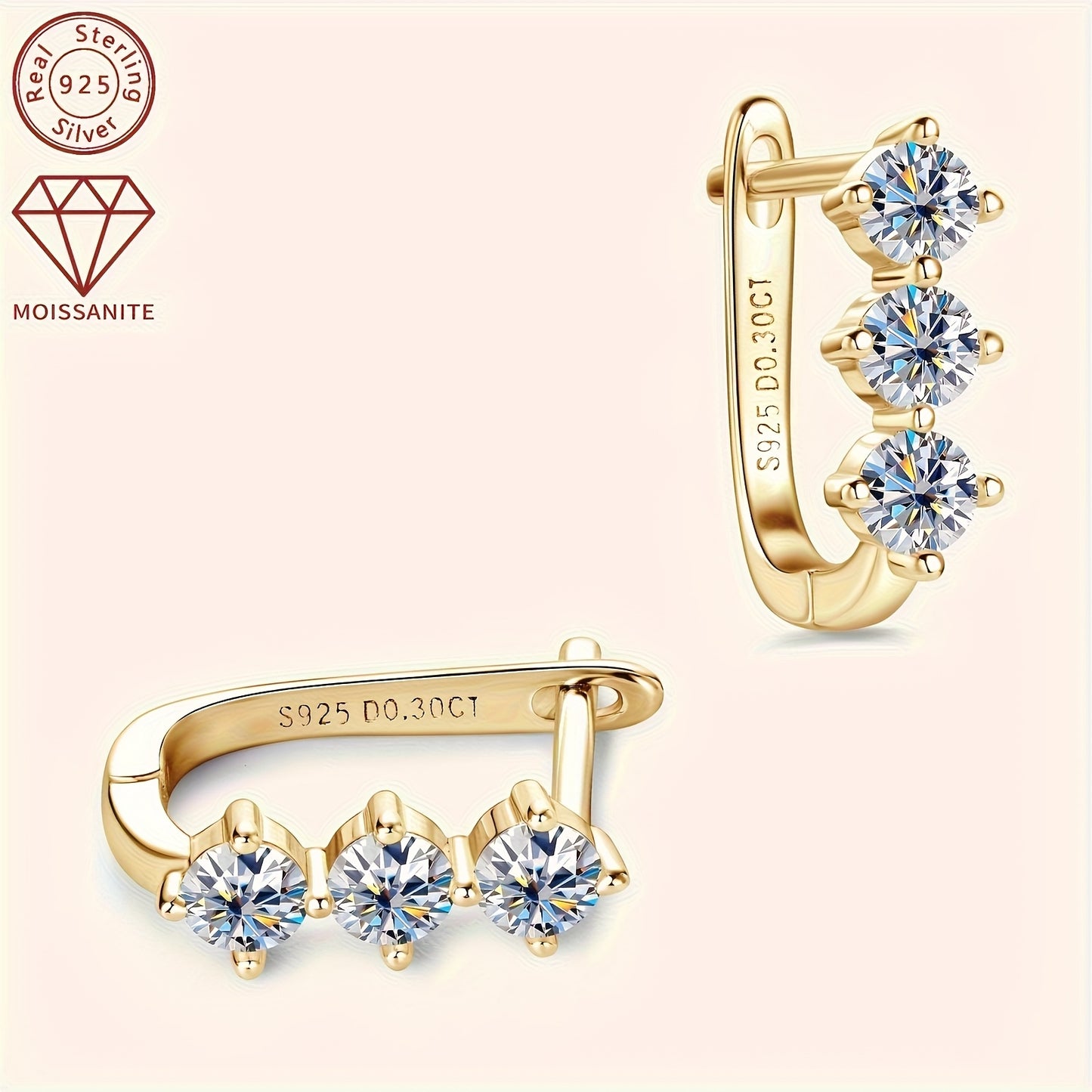S925 925 Sterling Silver moissanite Earrings - Elegant 0.3Ct*2pcs moissanite Jewelry / Women'S Fashionable Hoop Earrings And Studs - Perfect Thanksgiving Gift for Family / Mother'S Day Studs / Christmas Earrings - Birthday Gi