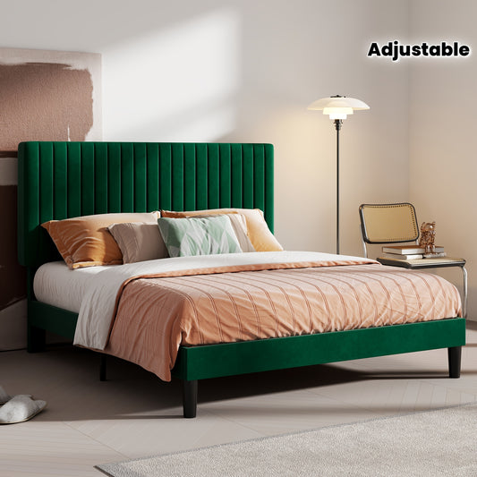 HOOMIC Velvet Upholstered Bed Frame with Adjustable Headboard, Contemporary Platform Bed Featuring Vertical Channel Tufting, Wooden Slats for Support, Optional Box Spring, Ideal for Home Bedroom Furniture, Free Shipping Avail