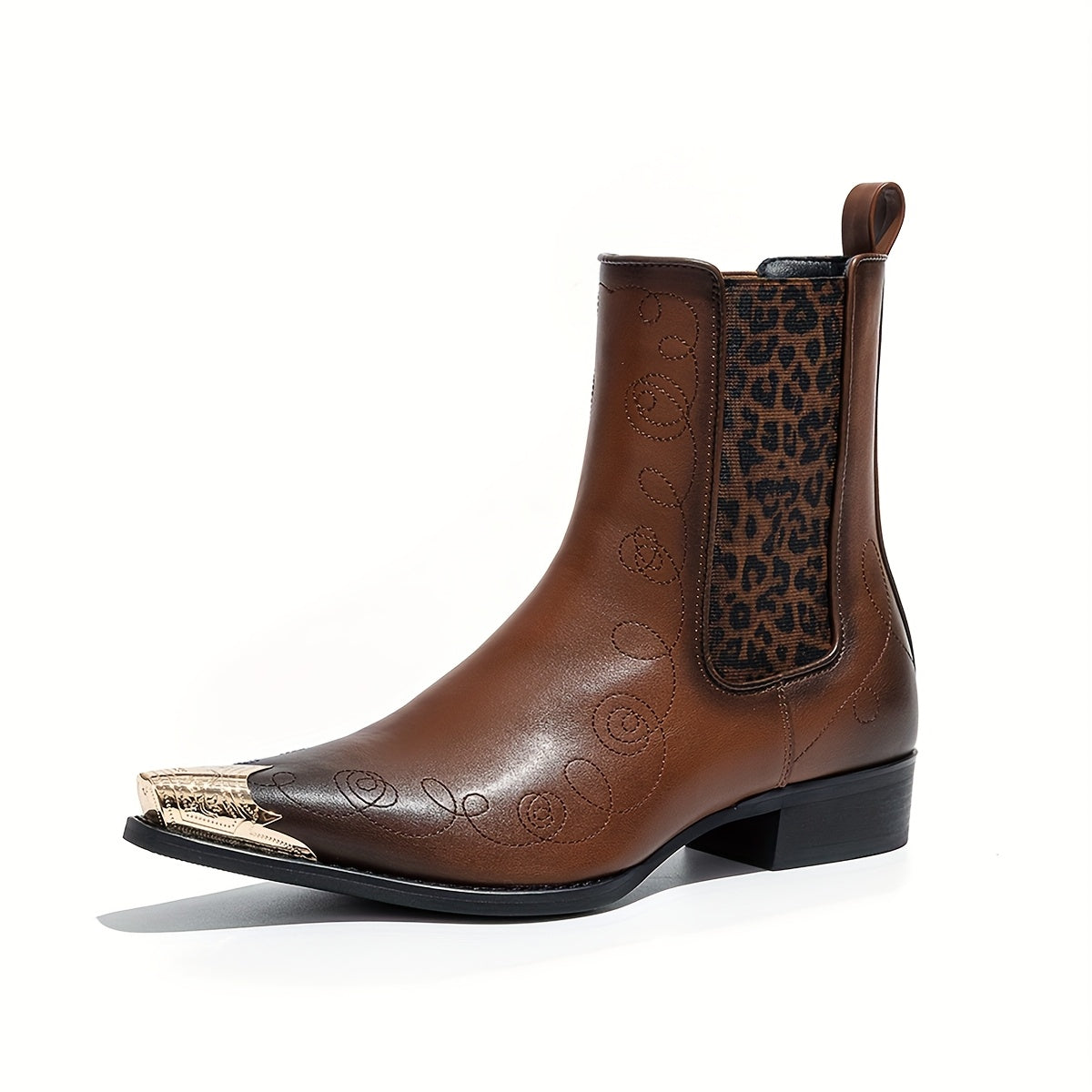 Men'S Fashion Iron-toe Chelsea Boots, Cowboy Boots, Western Boots, Ankle Boots. Low Heel, Faux Leopard Print, Elastic Band. Fashion Street, Party, Wedding, Business.