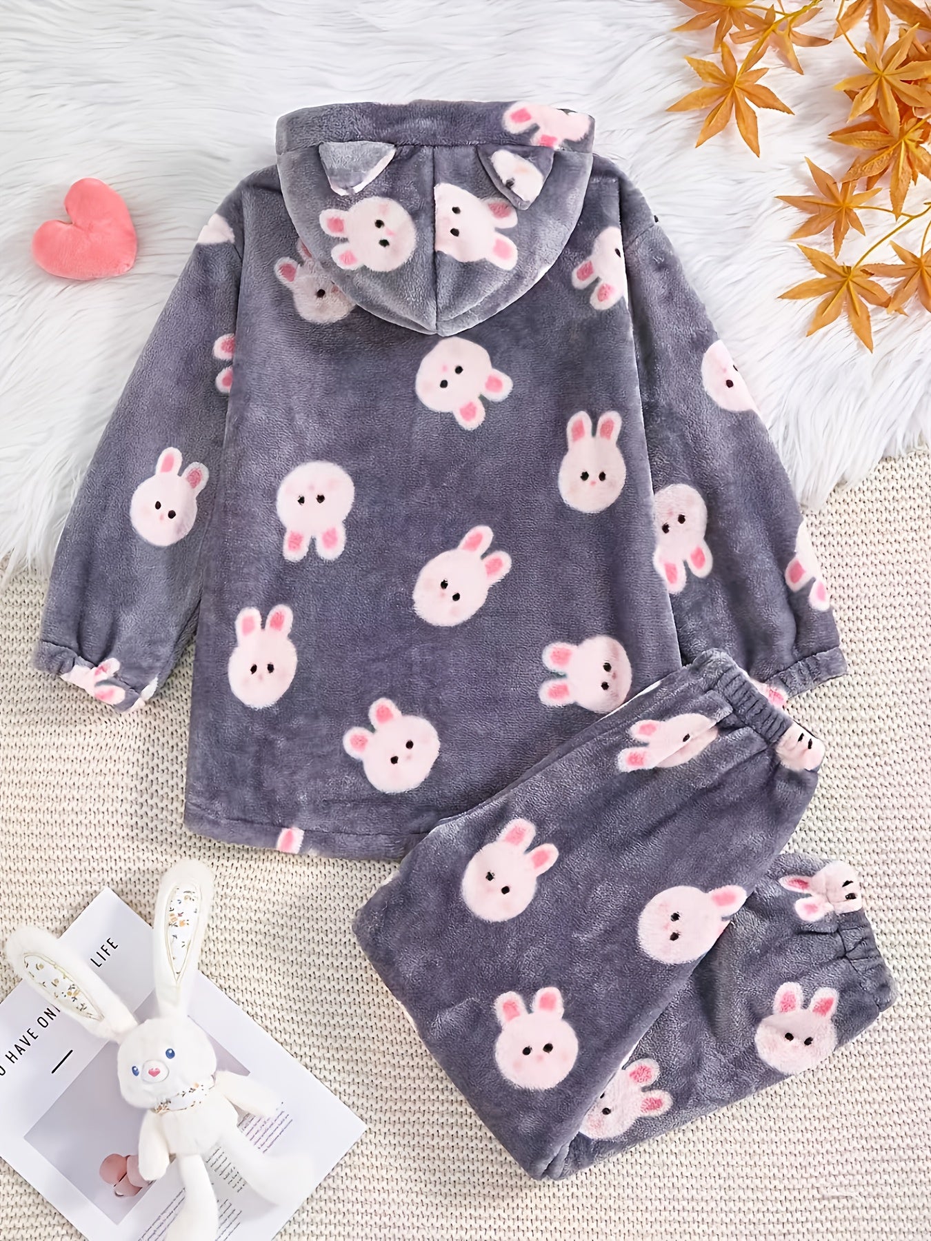 's Plush Hooded Sweatsuit Set - Soft Rabbit Pattern Winter Outfit with Hooded Sweatshirt & Pants, Cozy Loose-Fit Long Sleeve Romper, Machine Washable & (Grey with Pink Bunnies) - Fall & Winter Warmth, Perfect for Outdoor