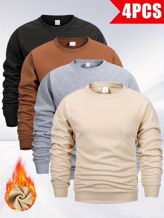 A Set of 4 Fleece-Lined Men'S Crew Neck Sweatshirts in Solid Colors, Available in Multiple Colors. This 4pcs Set of Casual Sports Fleece Crew Neck Sweatshirts Is Suitable for Daily Leisure, Outdoor Activities, Hiking, Fitness