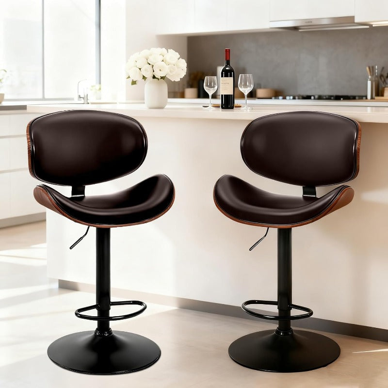 Bar Stool Set (2-Piece/4-Piece/6-Piece), Adjustable Bar Height, PU Leather-Covered Seat, Ergonomic Backrest and Footrest, Non-Slip Rubber Base, Suitable for Bars and Home Kitchen Islands, Black