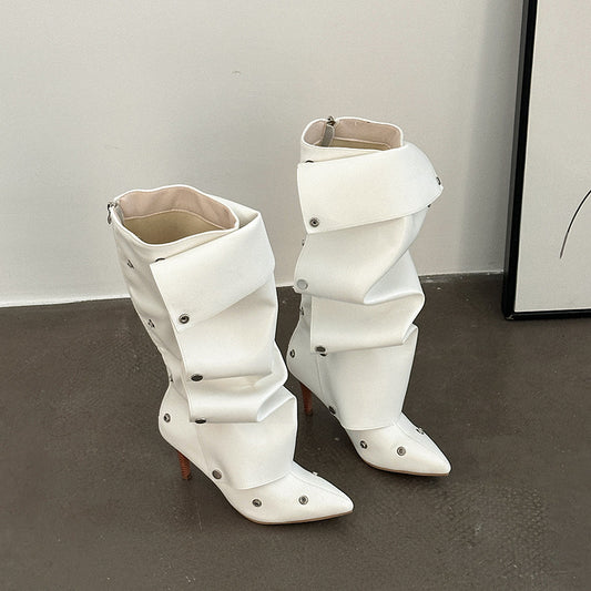 Women'S Genuine Leather Pointed Toe Stiletto Boots - European & American Style Long Formal & Semi-Formal Boots with Decorative Button Closure, Round Heel Counter & Cushioned Insole, All-Season Elegant Dress Boots for Work, Pa