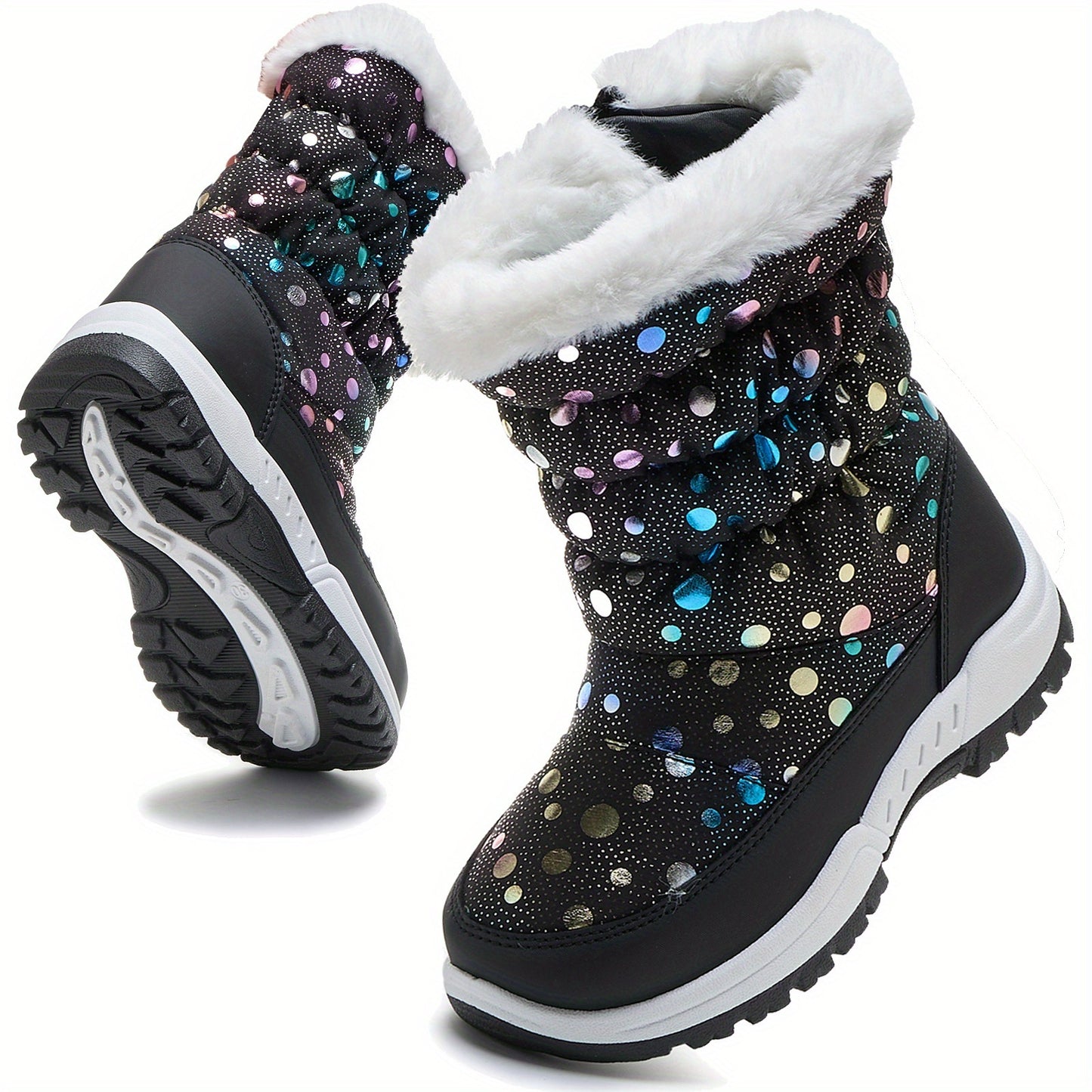 DACLAY Boys & Girls All-Season High-Top Snow Boots & Outdoor Shoes - Heavy-Duty PU Upper, Warm Winter Traction, Zipper Closure, All-Terrain Tread for & (Casual,, Snow) - Striped/Checkerboard/Random Patterns, Easy