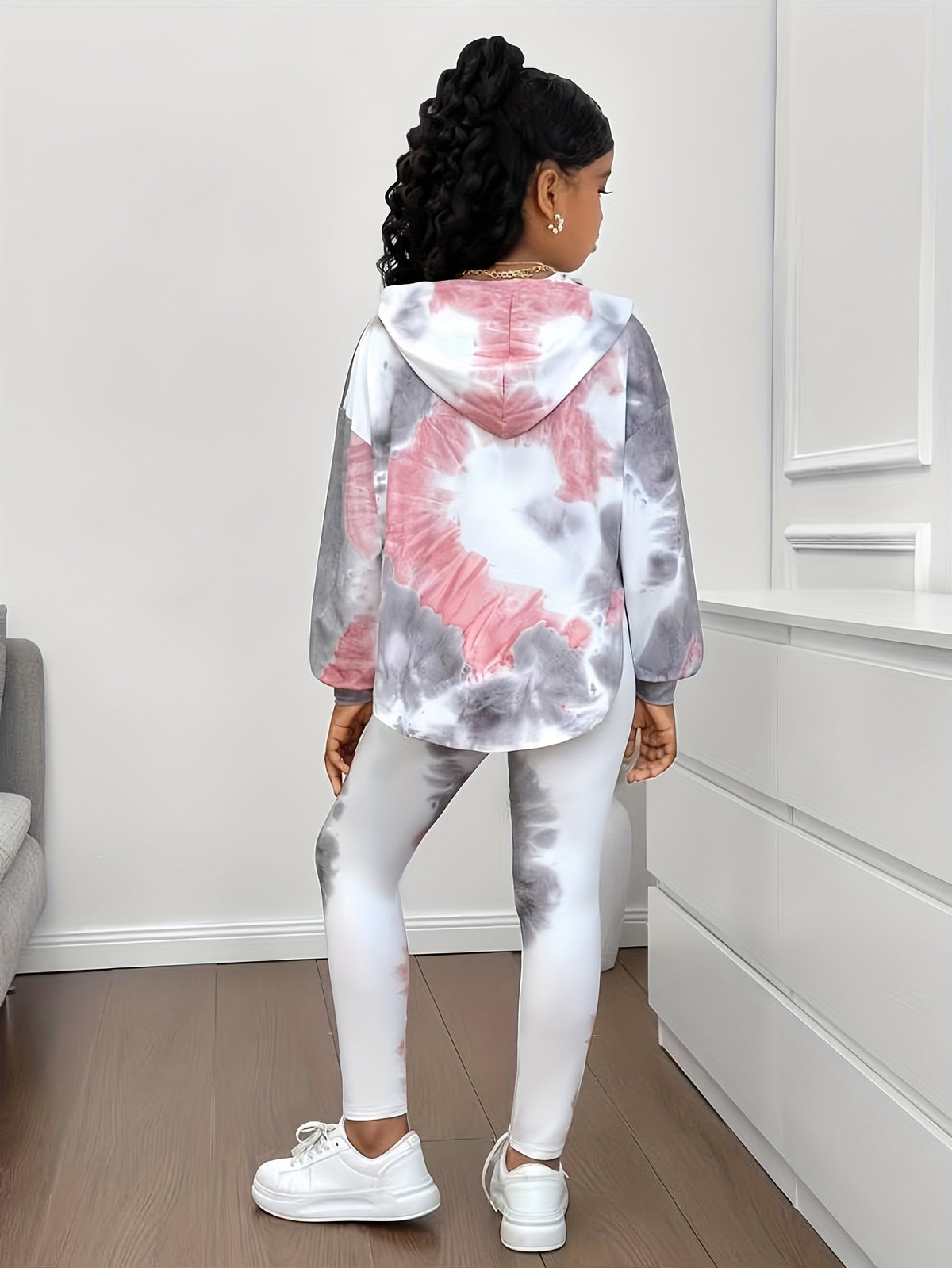 2pcs Girls' Oversized Hooded Sweater & Leggings Set - Pastel Pink & White Tie-Dye Asymmetrical Hem Winter Outfits, Cozy Fall/Winter Casual School Clothes, Oversized Sweater with Drop Shoulder Design & Matching Leggings, Machi