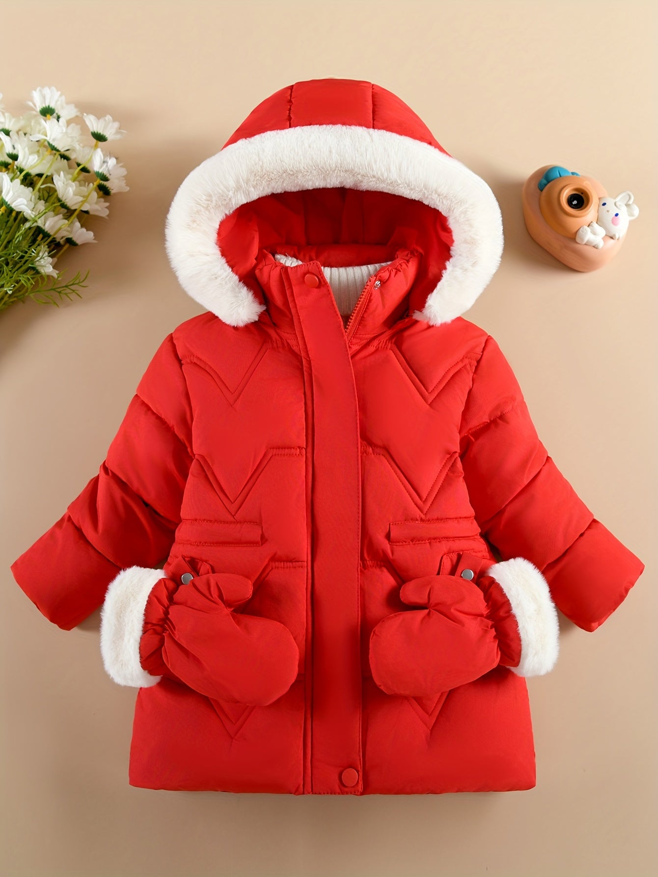 Girls' Pink Winter Snowsuit with Hooded Collar & Gloves - Cozy Mid-Length Jacket, Long Sleeve, Zip-Up, Lining, Flared Hem, Regular Fit, Fall/Winter Outerwear