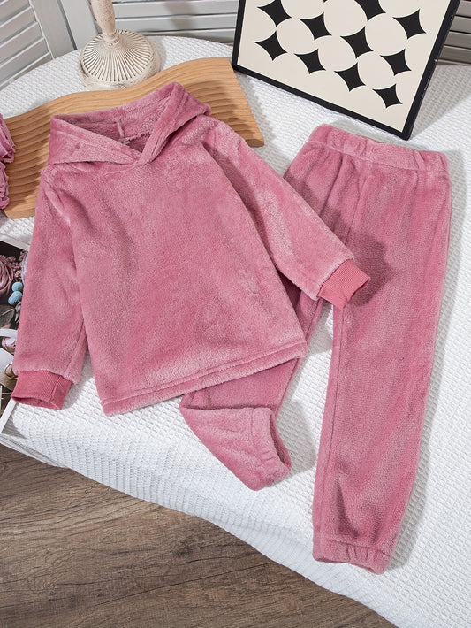 [Simple, Perfect for Girls] Reversible Plush Hooded Pullover & Pants Set | Girls' Autumn-Winter Fashion | Outdoor