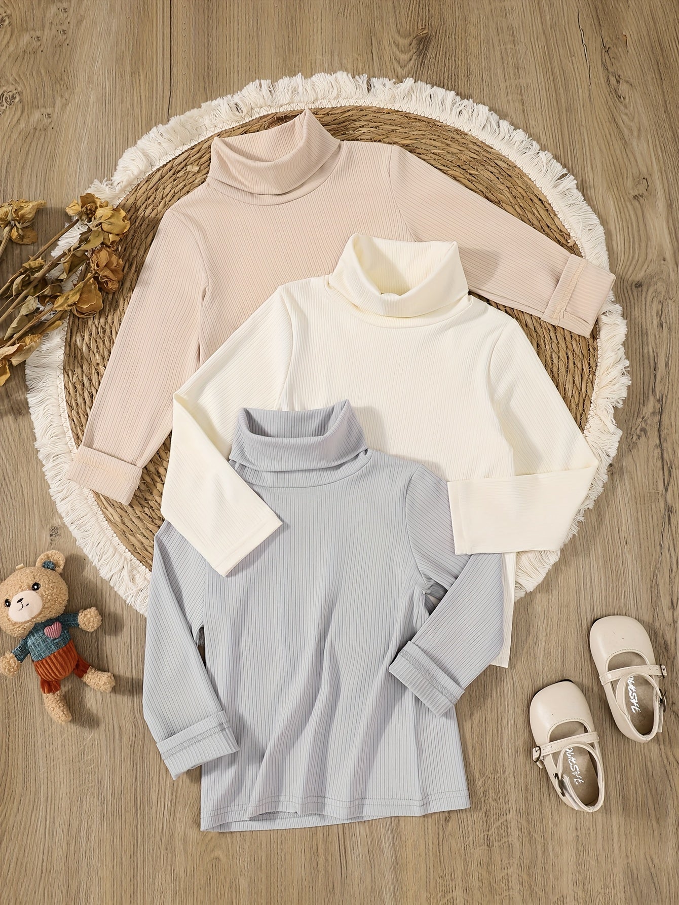 3pcs Girls' Cozy Ribbed Knit Sweaters - Soft High-Neck Pullovers in Beige, White & Light Blue, Perfect for Fall/Winter Casual Wear, Winter Clothing for Girls, Playful Bear Accessory, Textured Knitwear