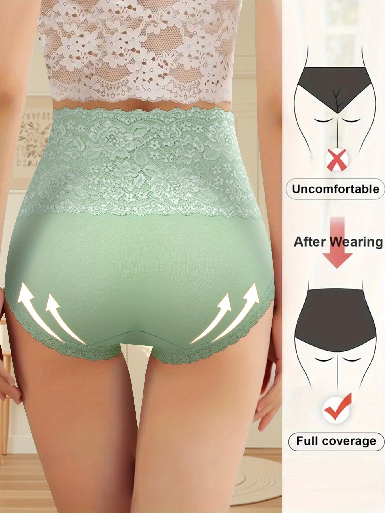 QUASTI Women's High-Waisted Panties , Lace-Trimmed Breathable Comfort Fit , Elegant Solid Color Contrast Lace Trim High Waistband , Versatile Underwear for Everyday & Special Occasions , 9pcs , Sophisticated Durable Fabric
