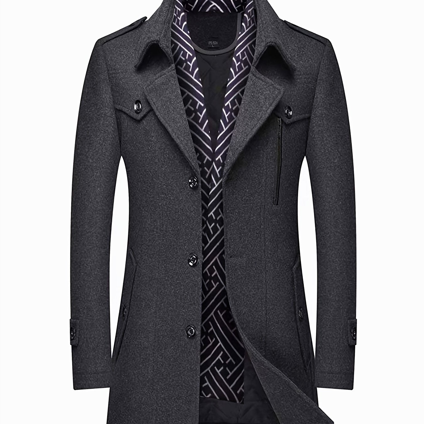 Men's Wool Blend Winter Coat with Detachable Scarf/Collars - Single-Breasted Trench Coat, Pocket & Durable - Warm Pea Jacket for Cold Weather, Casual & Formal Outfits (Hand Wash/Dry Clean)