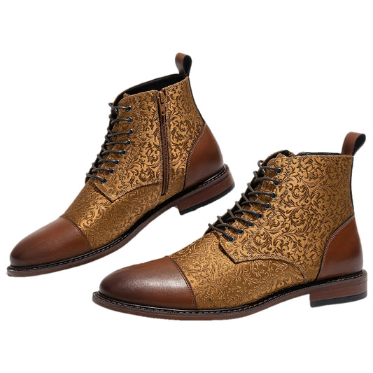 Men's Retro British-Style Lace-Up & Side-Zipper Derby Ankle Boots - Lightweight Breathable with Cloud Pattern, Round Toe for Business, Casual & Party Wear, Business Footwear, Durable Rubber Sole