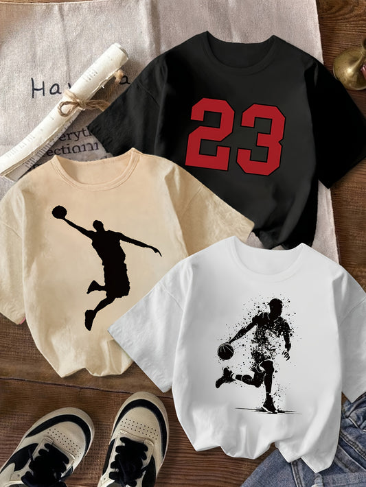 Three-Piece Set for Boys • T-Shirt with 23 Numbers And Cartoon Pattern Print • Handsome, Trendy, Versatile, Casual • Three-Piece Set T-Shirt