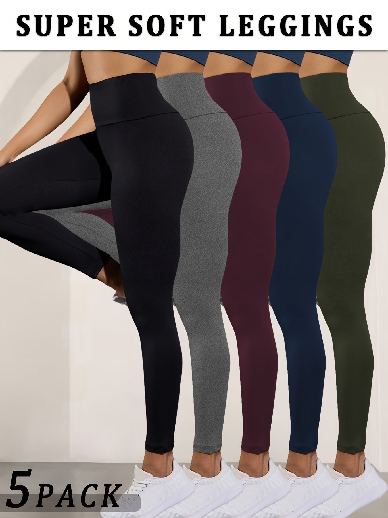 Set of 5 • Ultra-Soft Leggings for Ladies • High Waist for Tummy Support • Non-Transparent • Perfect for Workouts, Yoga, And Running
