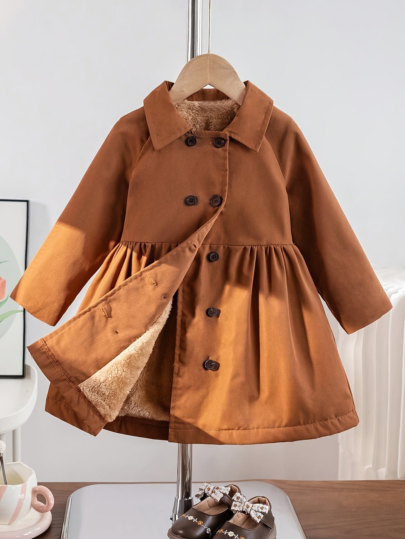 Girls' Cozy Fleece-Lined Double-Breasted Jacket - Solid Color Long Sleeve Casual Coat with Lapel Collar, Button Front & Side Pockets for Fall/Winter Outdoor Play, Hiking & Casual Attire, Hiking Apparel, Durable Outerwear, Gir