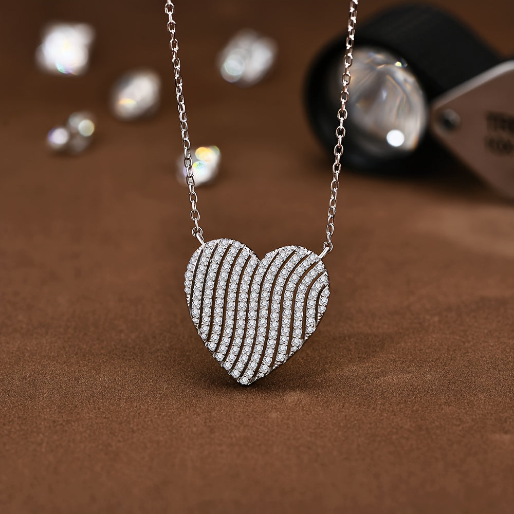 A 5.4-gram S925 Silvery Heart Necklace Has A Striped Design with Moissanite Inlays. It Is Gorgeous And Eye-catching, Suitable for Dating And Light Social Events. It Is An Ideal Jewelry Gift for Your Girlfriend Wife., Dating J