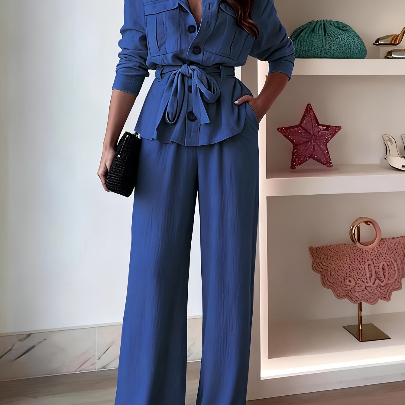 [Two-Piece Set] Casual Two-Piece Set Featuring a Collared Long-Sleeve Shirt with Buttons And Wide-Leg Solid Color Pants
