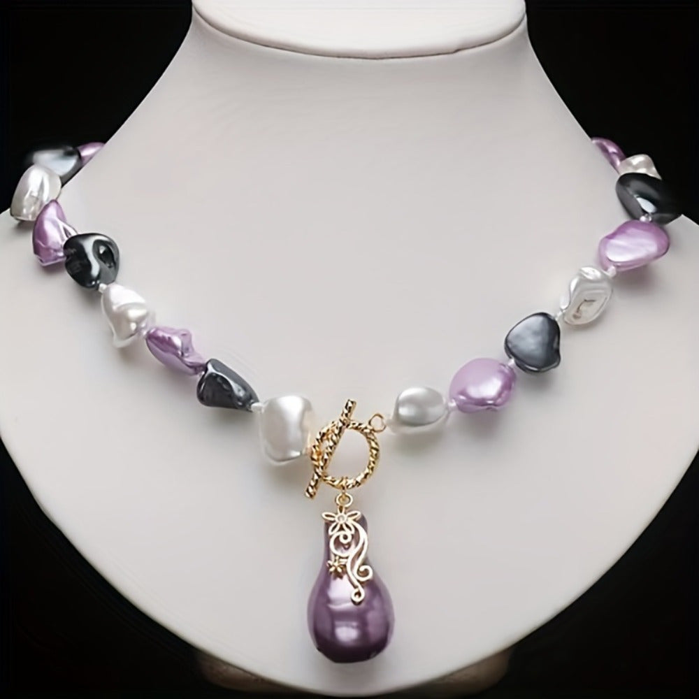 Women's Freshwater Necklace - Elegant Bohemian Retro Jewelry with Asymmetrical Baroque Pendant, Toggle Clasp Closure, Luxury Everyday & Special Occasion Necklace for Weddings, Parties, Year-Round Wear - Perfect Gift for Her,