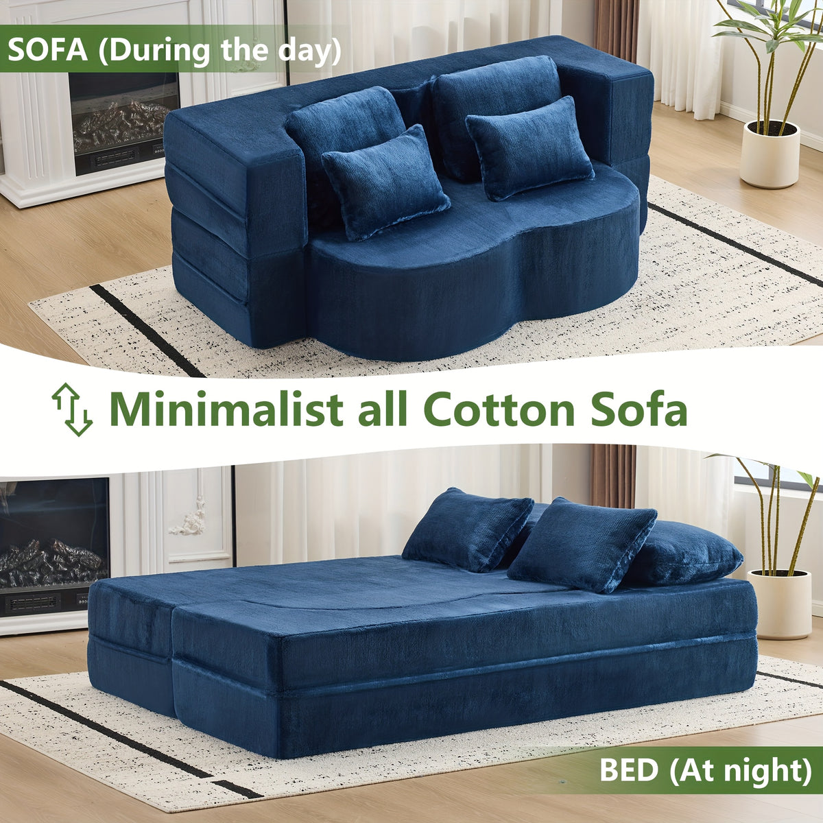 Queen Size Foldable Sofa Bed, Chenille Futon Sofa Couch, High-Density Foam Convertible Sleeper Sofa, Foldable Floor Couch Bed for Living Room, Guest Room, Bedroom