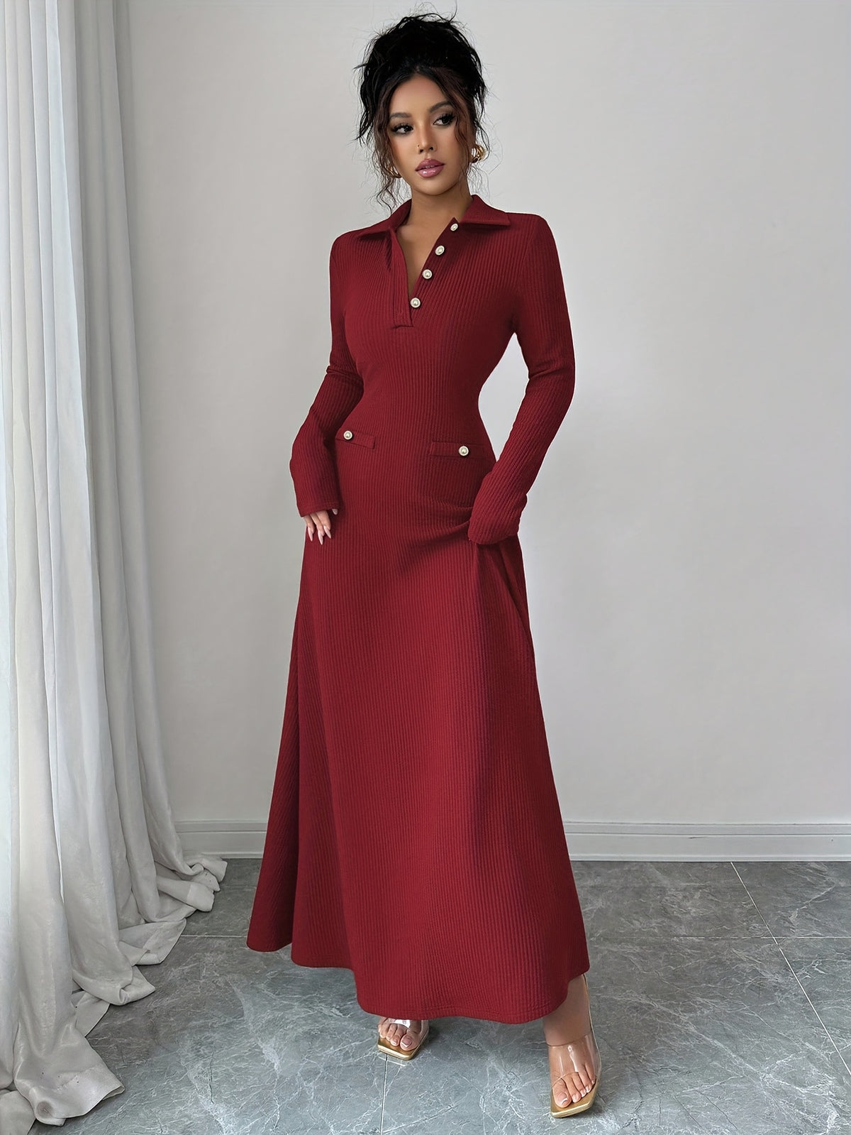 Women'S Elegant A-Line Maxi Dress - Long Sleeve Formal & Everyday Chic Outfit, Button Front Closure, Flattering Fit for Fall/Winter, Office, Party, Fashion Lovers, Stylish Outfit, Quality Stitching, Sophisticated Style, Winte