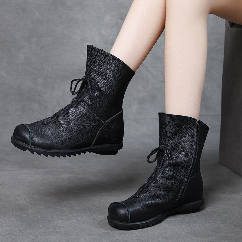 Women'S Genuine Leather Retro Chunky Low-Heeled Ankle Boots with Zipper Closure - Round Toe Winter Warm , Brown & Color Options, Soft & Cushioned Insole, Durable Rubber Sole - Casual to Semi-Formal Boots for Everyday & Specia