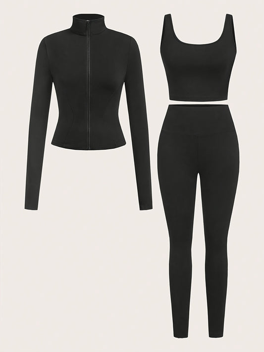 Teen Girls' Black Crop Top + Leggings + Jacket Three-Piece Set, Stylish and Perfect for Yoga, Running, etc, Ideal Holiday Gift, for Outdoor, For Teenager