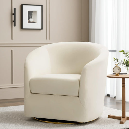 Swivel Accent Chair with Golden Metal Base, Contemporary Velvet Curved Swivel Barrel Chair, Upholstered Club Armchair,, Stadium Seats for Sports Fields, Sport Event, Leisure Single Sofa for Living Room, Nursery, Bedroom(Ivory