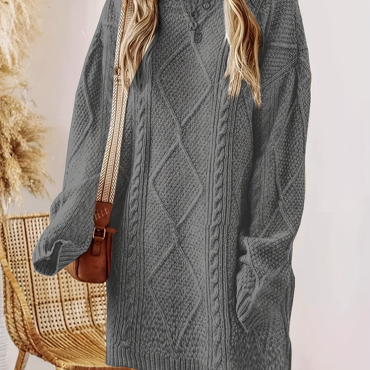 Plus Size, Beige Cable Sweater Dress - Oversized Slouchy Mid-Length Dress with Drop Shoulder, Cozy Winter Dress for Fall/Winter, Beige Cable Pattern Pullover, Elegant Casual to Dressy Wear