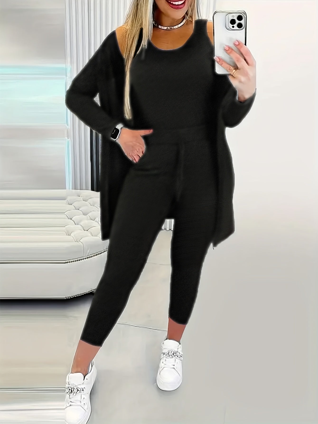 [Women's 3-Piece Set] Women's Fashion Three-Piece Set - Solid Color Long-Sleeved Long Pants Suspender Home Wear Set