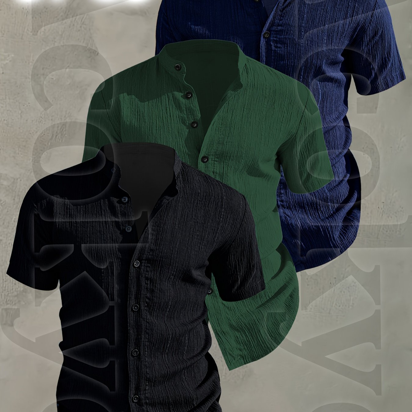3pcs Set Men's Summer Short Sleeve Shirts • Lightweight Breathable Solid Color Button Casual Shirts with Stand Collar • Ideal for Beach Vacations, Pool Parties, and Daily Wear