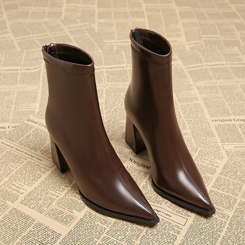 Women'S Elegant Chunky Heel Ankle Boots - Pointed Toe Zipper Closure, Glossy Synthetic Cover Round-to-Pointed Arch Support, Chunky Heel (1-2 Inches) for Fall/Winter, Versatile Dress Boots for Casual & Formal Outfits - Black &