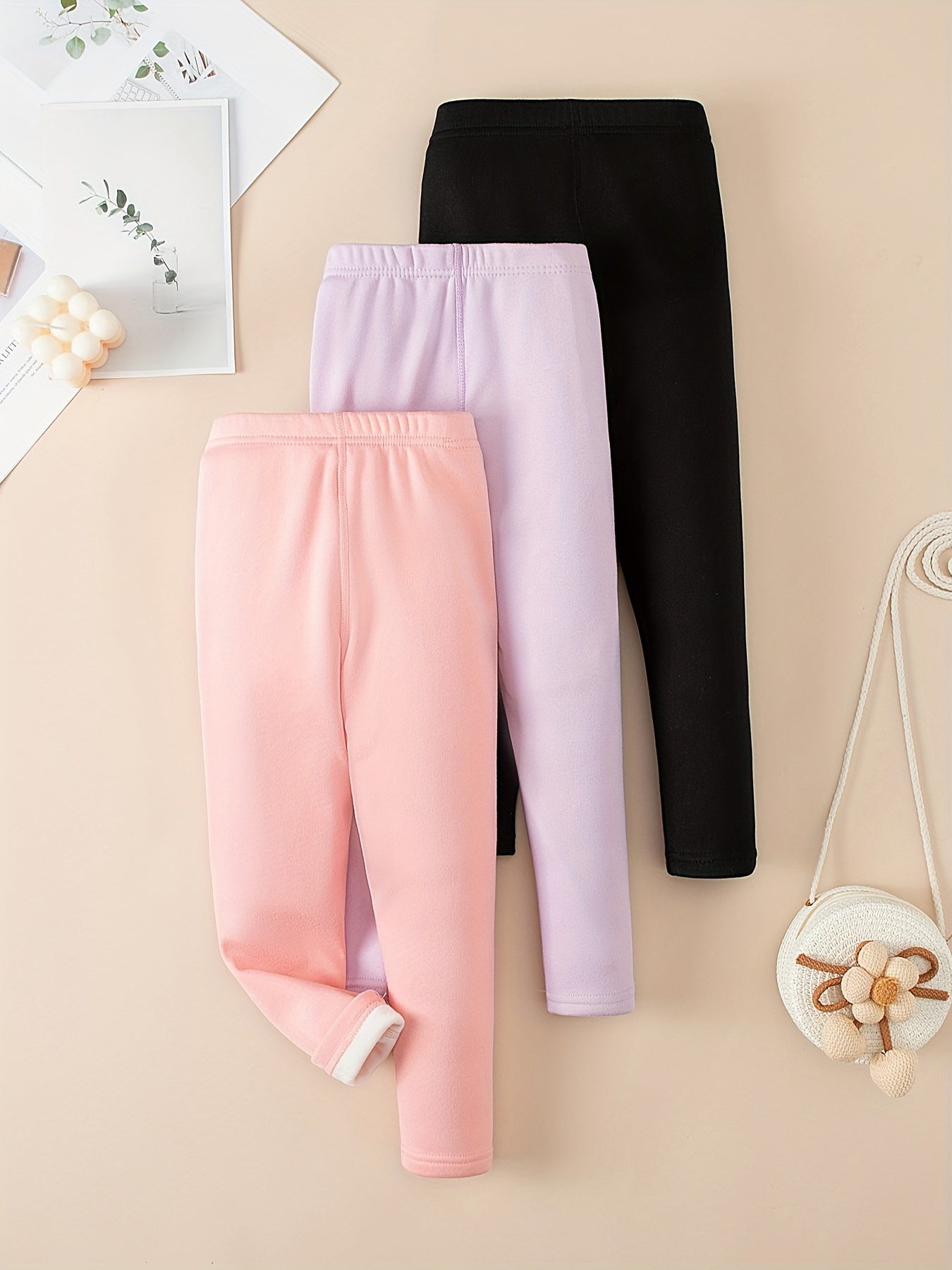 [3pcs Girls' Thermal Leggings] 3pcs Girls' Thermal Leggings - Thick Winter Running Pants with High-Stretch Tummy Control, 6 Color Options (Black/Dark Brown/ Grey/White/Navy/Beige) - Full-Length Athletic Wear for 3-12 Years, G