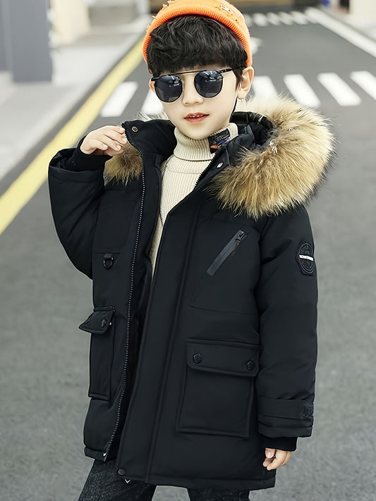 Boys' Winter Hooded Jacket - Thermal Insulated Zip-Up Coat with Full-Zip Closure, Long Sleeve Cold Weather Outerwear, Front Pockets - & Brown