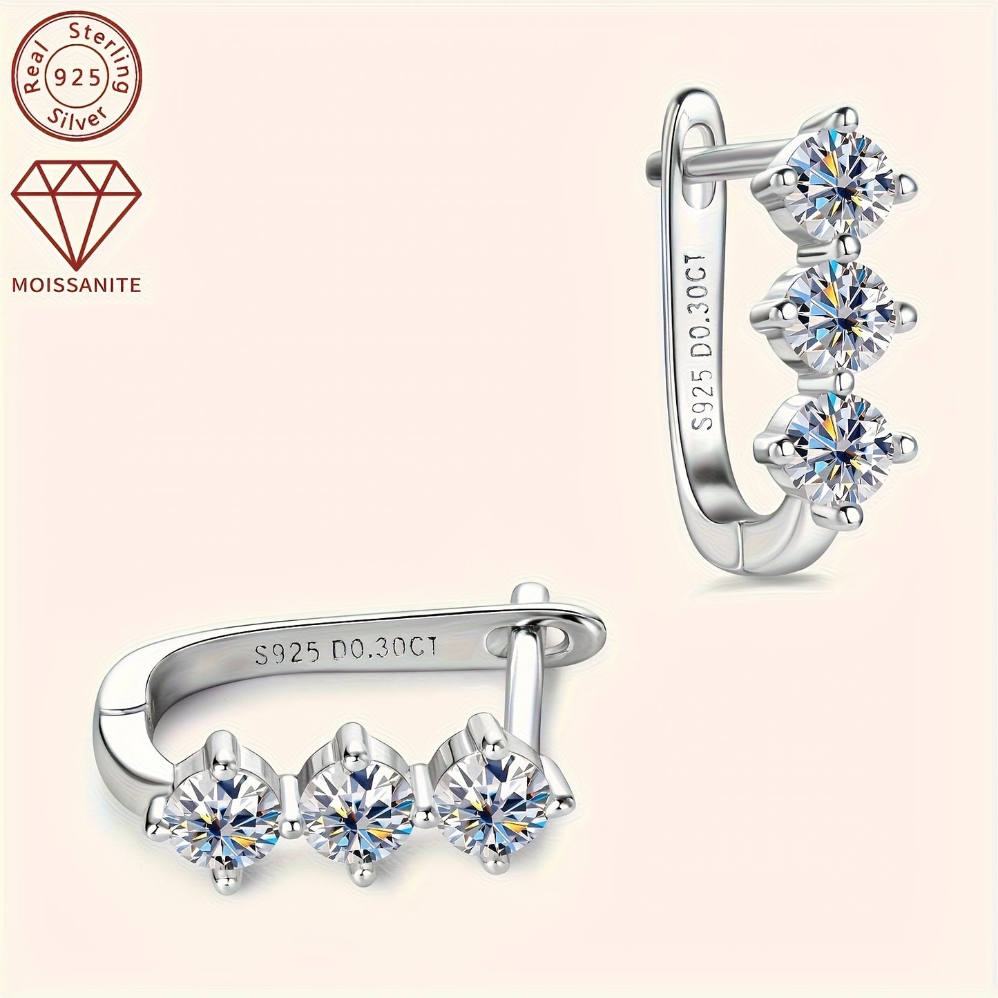 S925 925 Sterling Silver moissanite Earrings - Elegant 0.3Ct*2pcs moissanite Jewelry / Women'S Fashionable Hoop Earrings And Studs - Perfect Thanksgiving Gift for Family / Mother'S Day Studs / Christmas Earrings - Birthday Gi