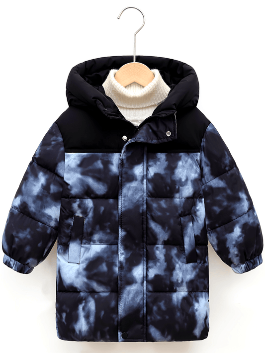 Youngsters' Camo Color-Block Hooded Parka - Warm Polyester Jacket for Boys & Girls, Fall/Winter Outerwear with Zipper Closure, Black & Blue Camouflage Pattern, Cozy and Stylish for Autumn/Winter