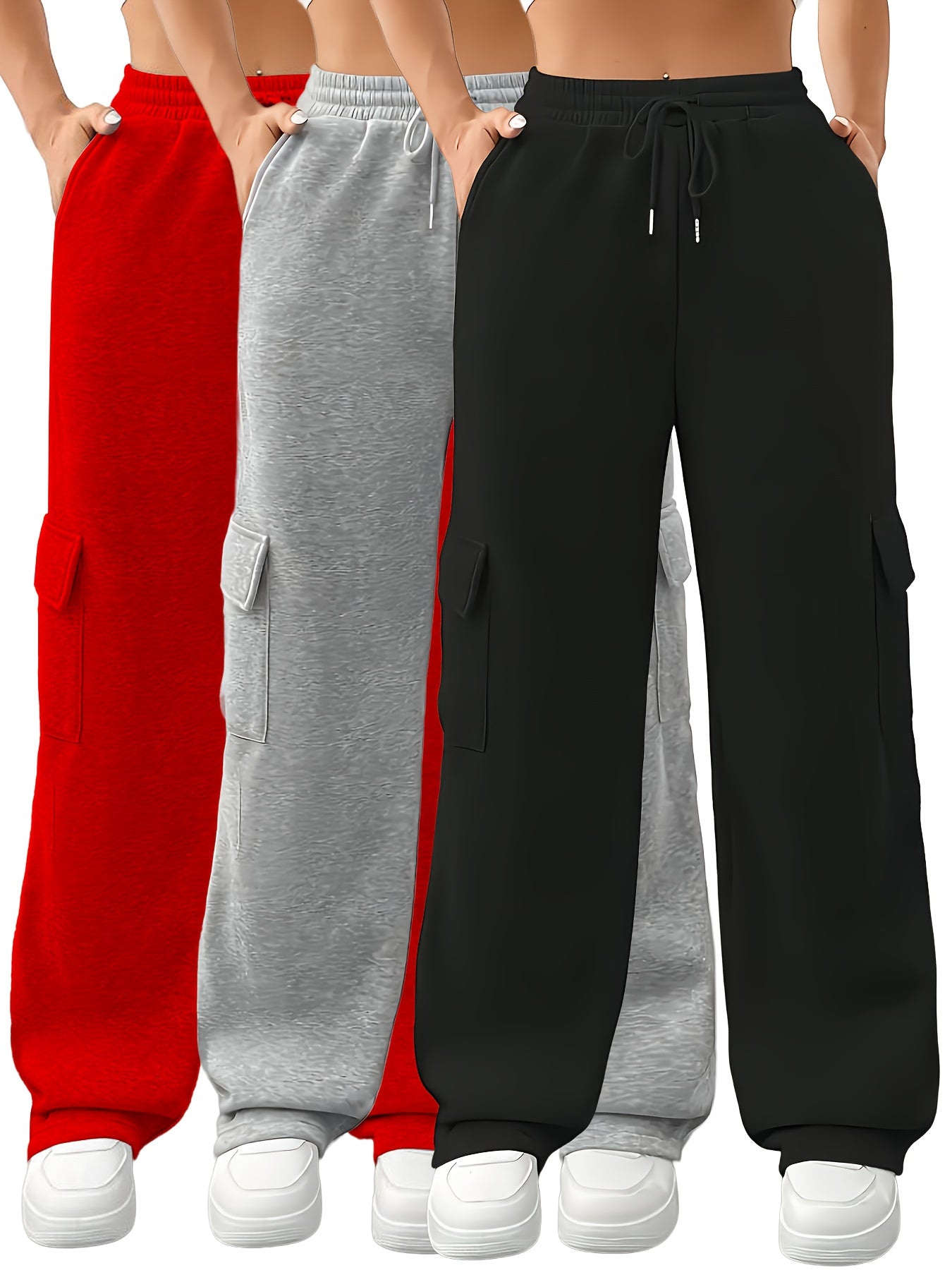 [3pcs Set | Solid Color] 3pcs Set | European American Women's Clothing | Solid Color Sports Pocket Drawstring Sweatshirt Overalls L0444A00